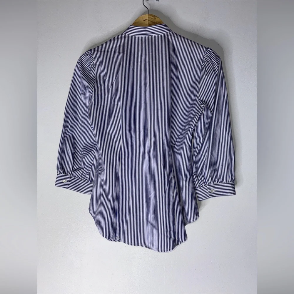 J Crew Thomas Mason Ruffle Navy & White Striped‎ Tie Neck Shirt Size 00
